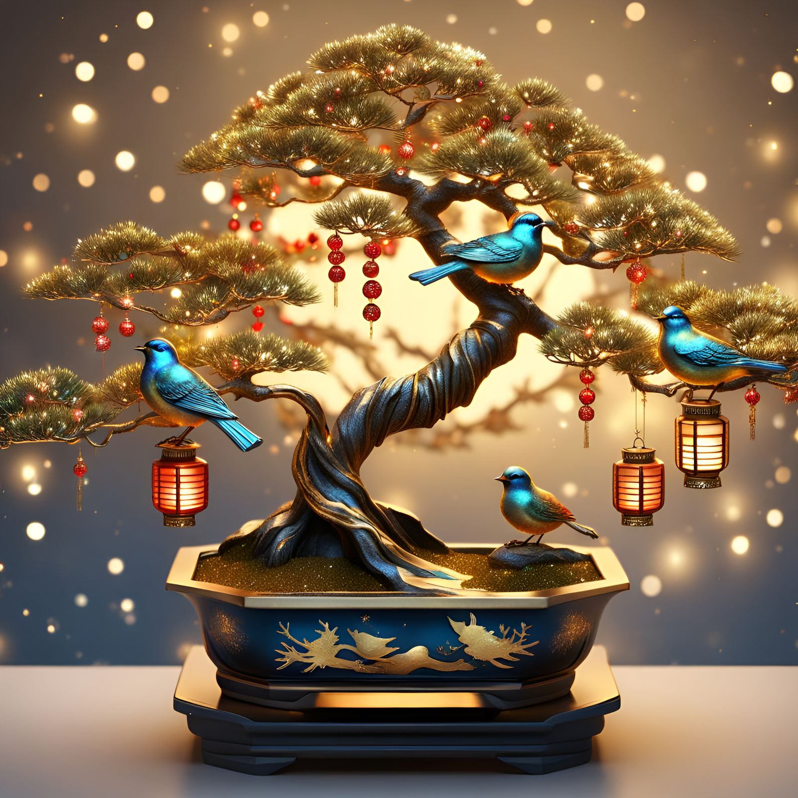 Beautiful Christmas bonsai tree painted gold and accented wi...