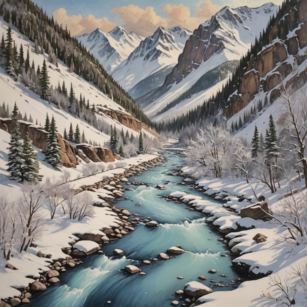 mountain valley snow river pastel