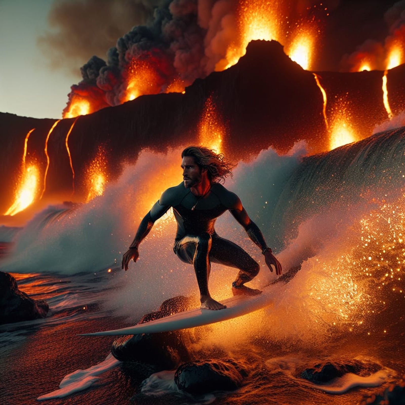 Surfer surfing huge fiery lava flames breaking on a rocky beach - AI ...