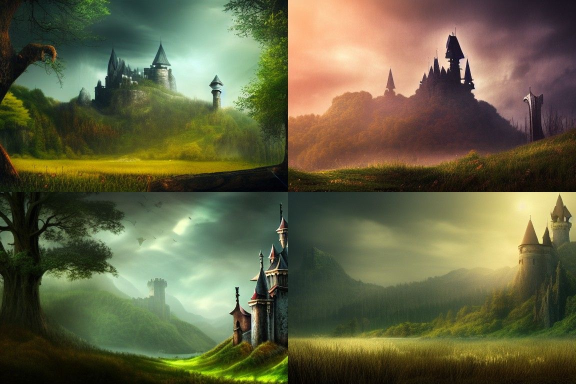 Cinematic fantasy landscape with woods and a castle