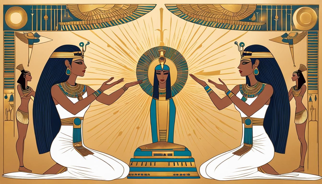 Two figures styled in ancient Egyptian attire. one girl is s...