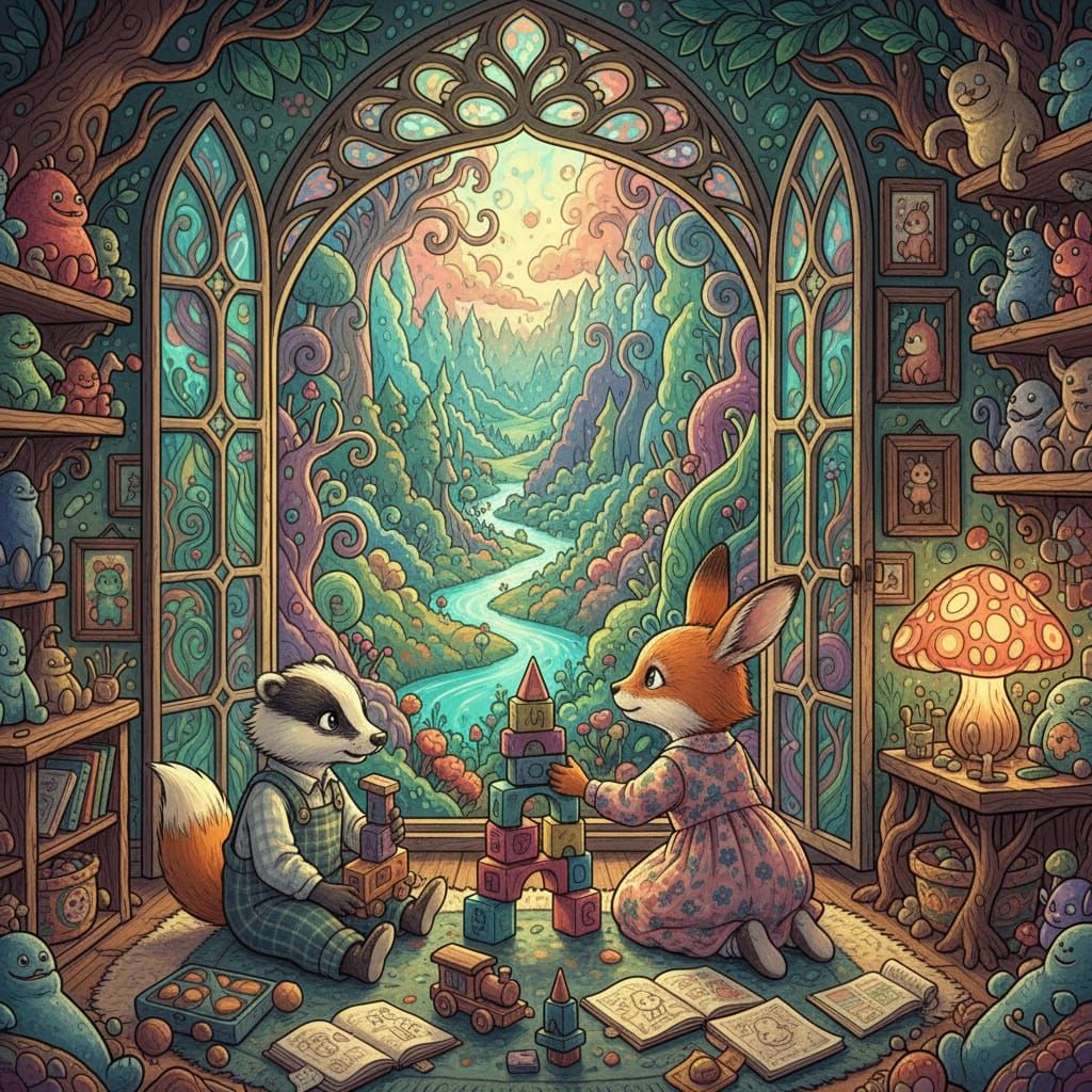 Three children playing in their game room looking at the vast nature outside in the back yard 