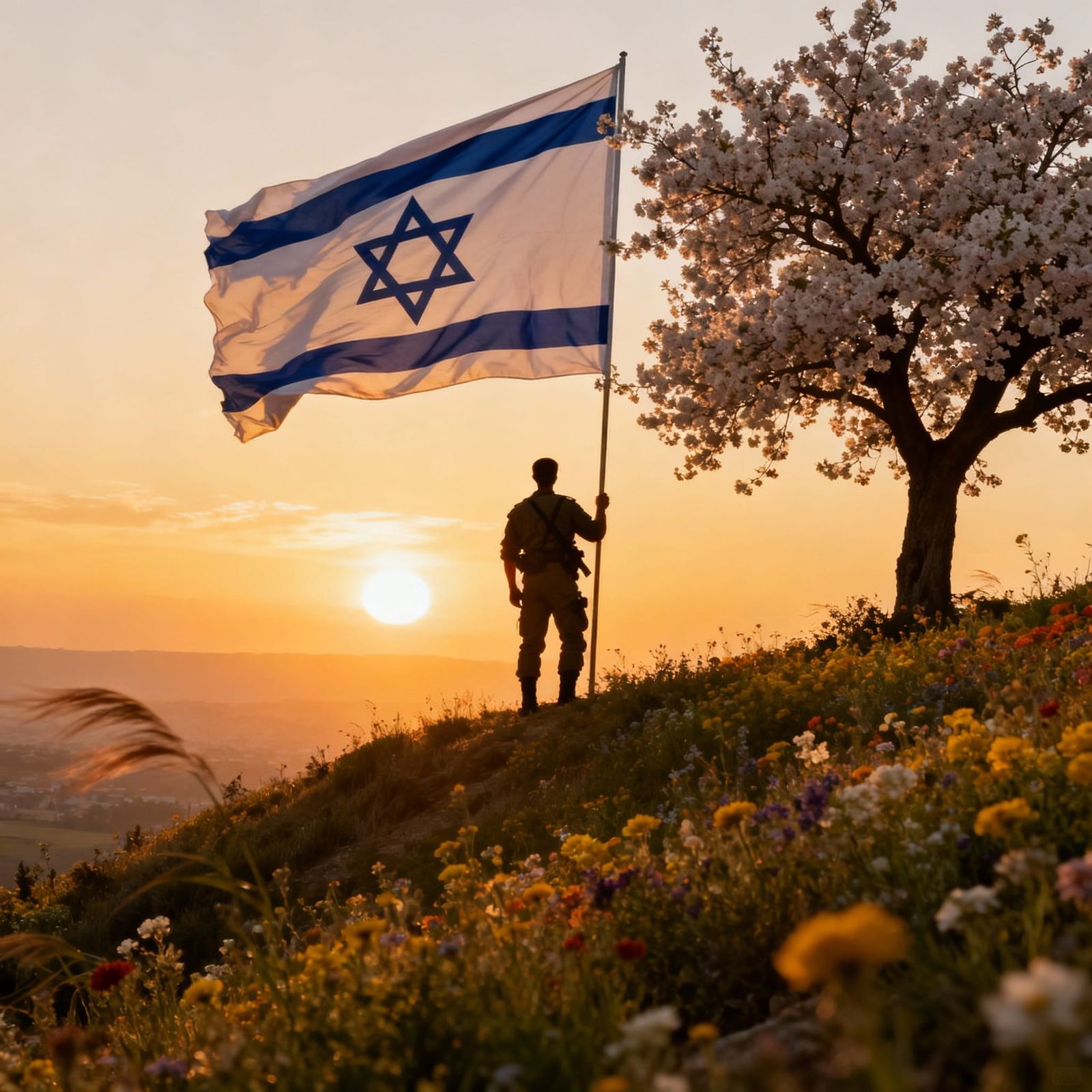 Israeli Soldier Silhouette at Sunset with Flag