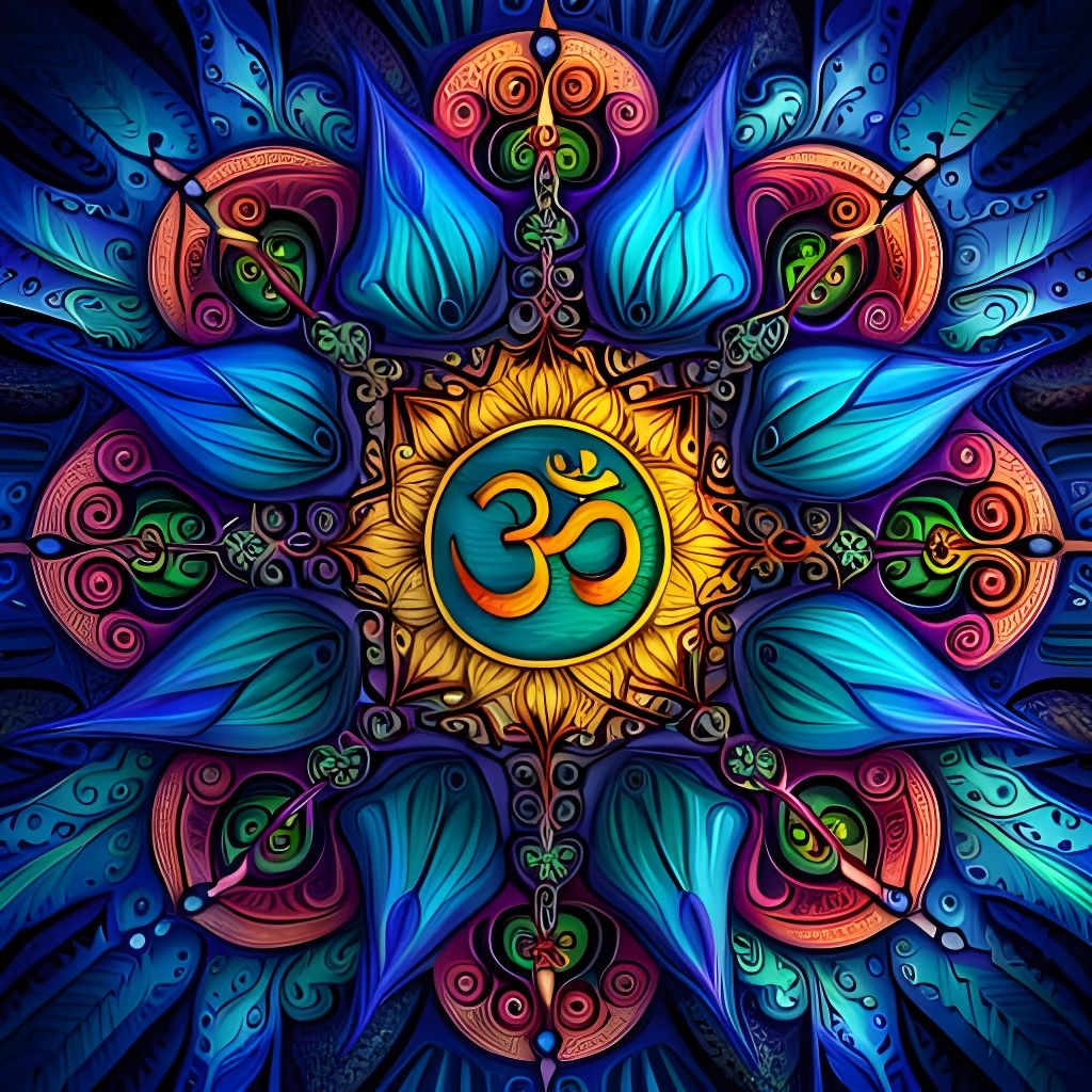 Intricately detailed Fractal mandala with om  symbol. Vibrant colors. beautiful. holographic. psychedelic. ...  by @Roberto