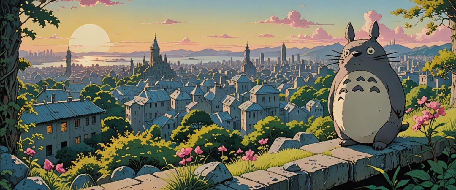 Totoro overlooking ruins of a modern city, bridge, rubble, crumbling skyscrapers, vines, plants, trees, flowers, abandoned buildings, bright...