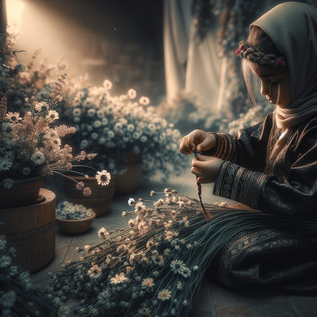 Middle Eastern Child Braiding Flowers in Hyperrealism