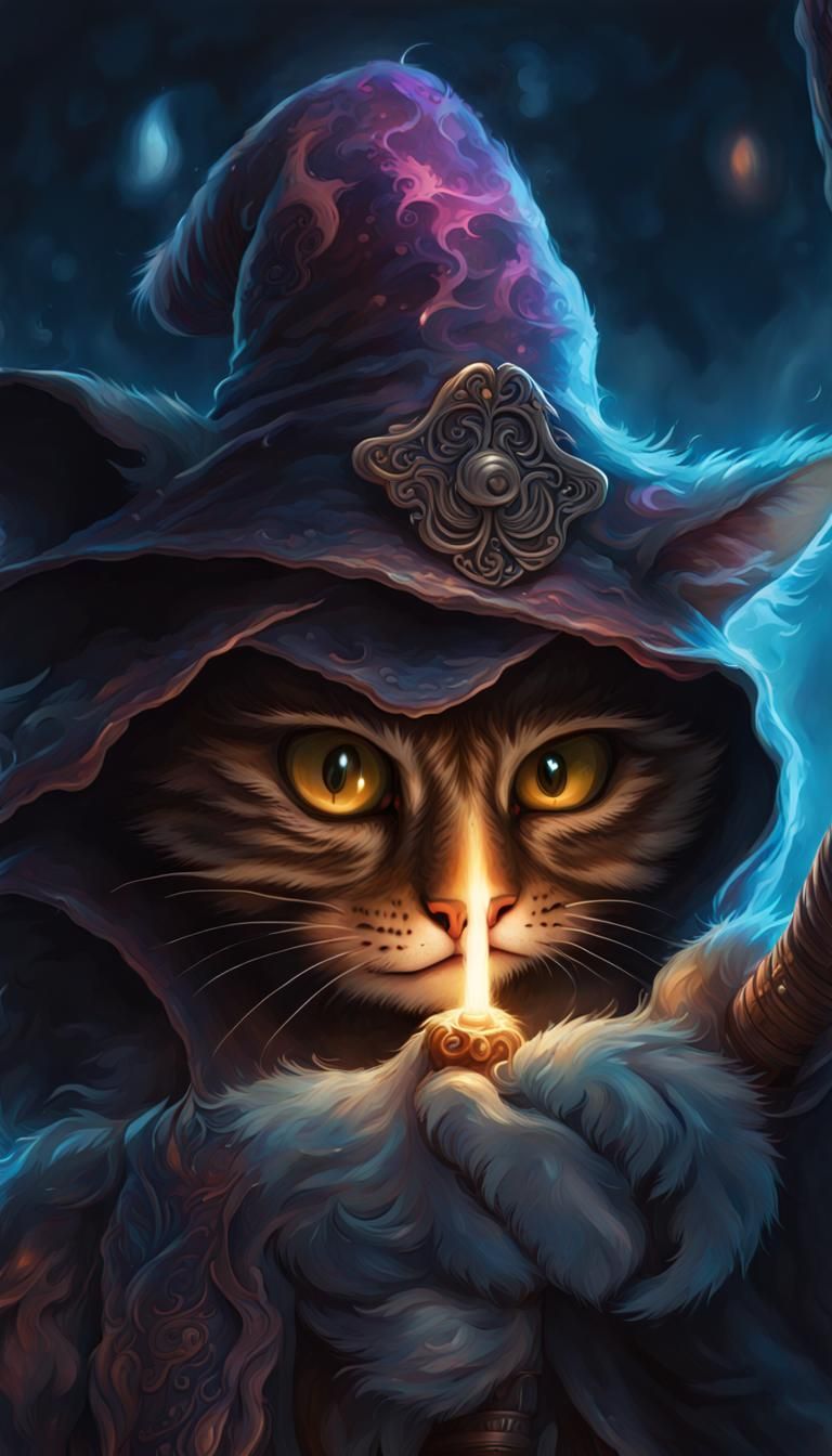 Kitty Wizard Portrait in Dark Fantasy Psychedelic Style