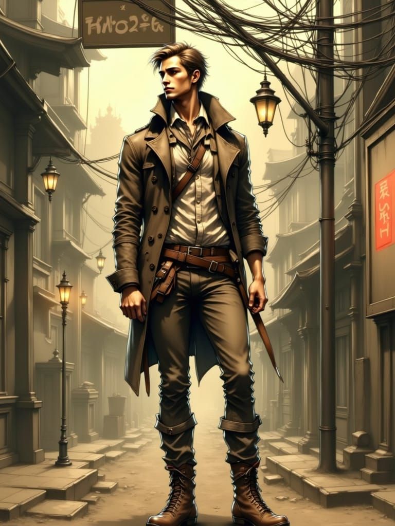 A tall athletic handsome jock with a plump posterior as James Sunderland from Silent Hill 2. <lora:Handsome Anime Male:1.0>