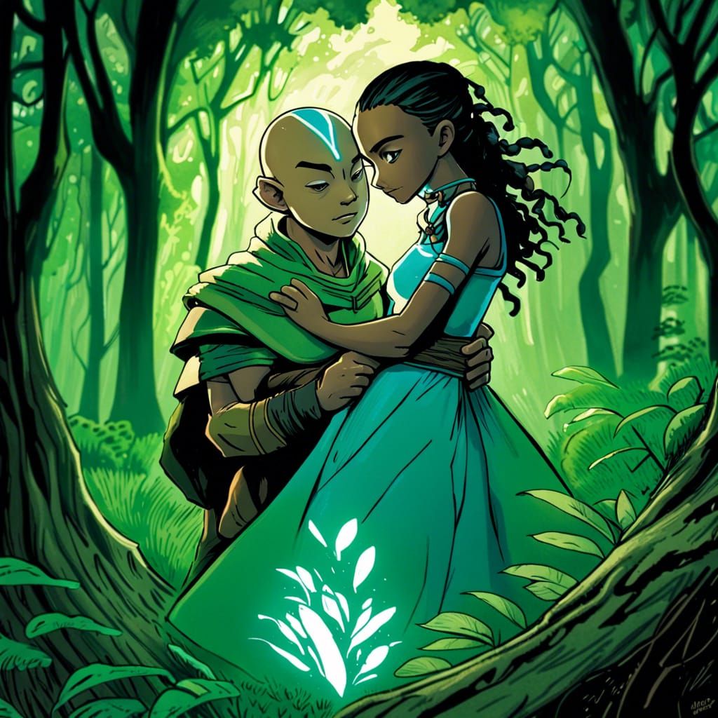 Aang romantically holding Katara in a green forest - AI Generated Artwork -  NightCafe Creator