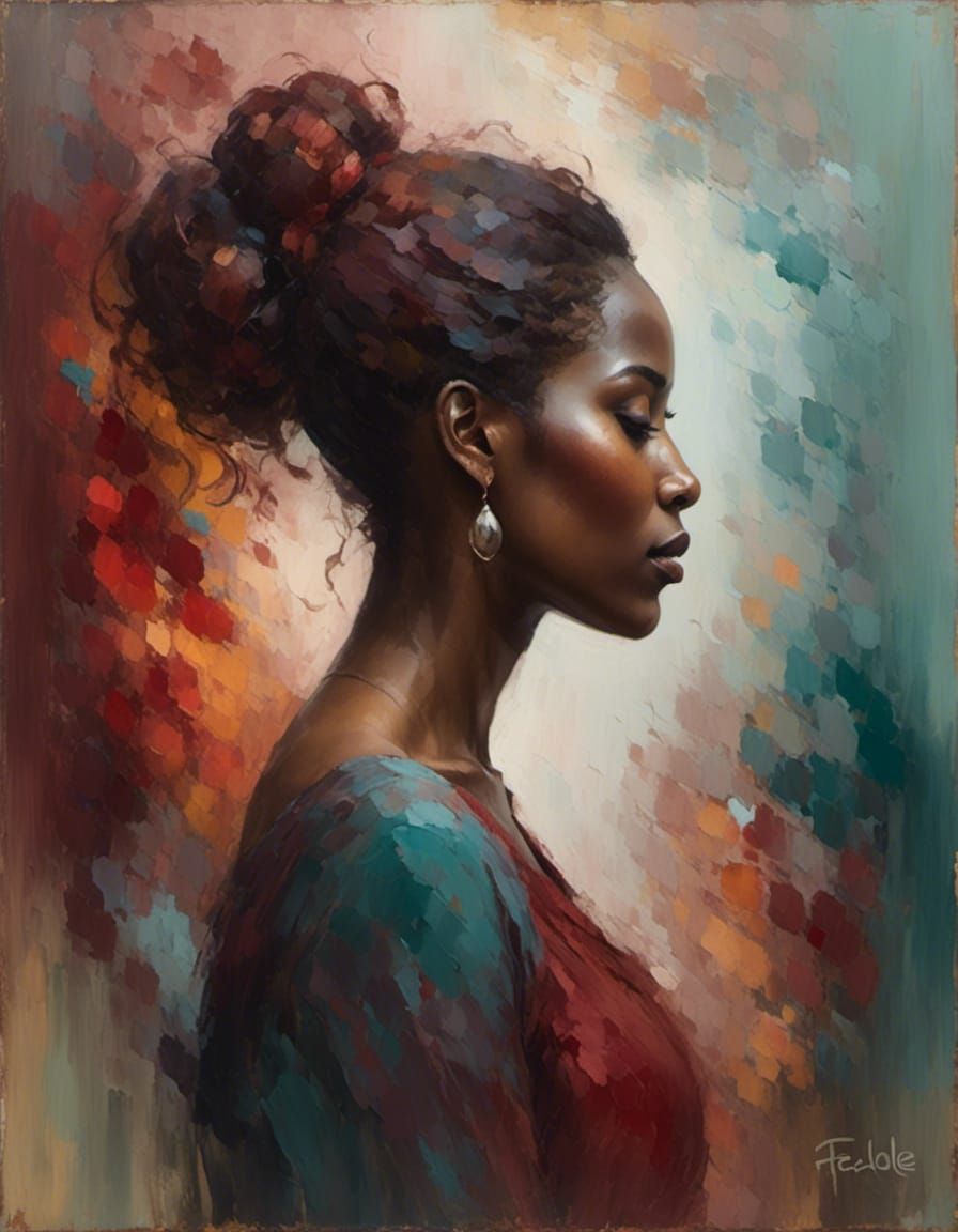 ethereal oilpainting: A striking scale representation of cyans and reds of a woman's silhouette from side,   <lora:Black woman GO-888:1.0>