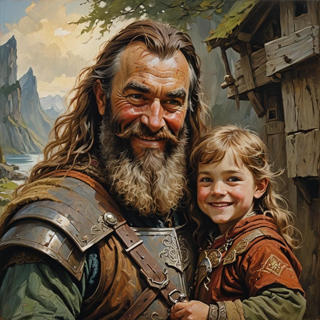 Gimli Portrait with Child, Oil Painting Style
