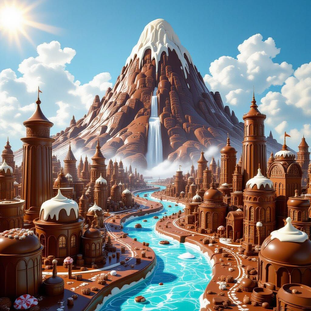 Picture a surreal dreamscape where buildings are made entirely from chocolate The city is bathed in sunshine. ...  by @HarrietM