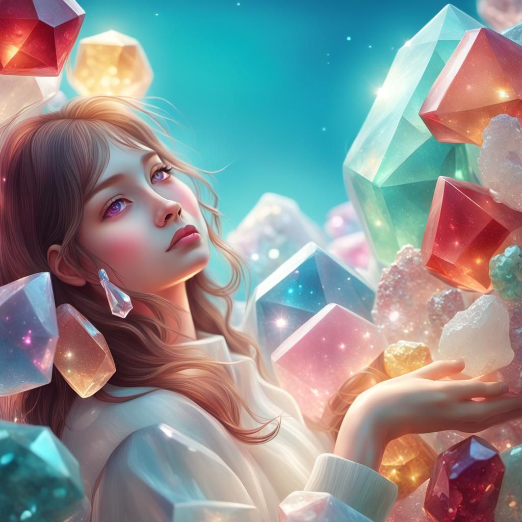 Girl Surrounded by Glistening Candy-Coated Crystals