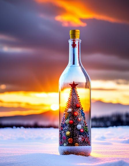 decorated colorful Christmas tree inside a glass bottle - AI Generated