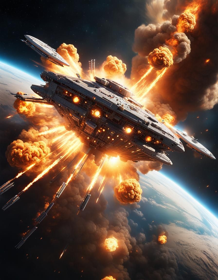 A star cruiser is hit by a nuclear explosion. Mid space space. A white moon in the background. Epic cinematic ...  by @MartCaz