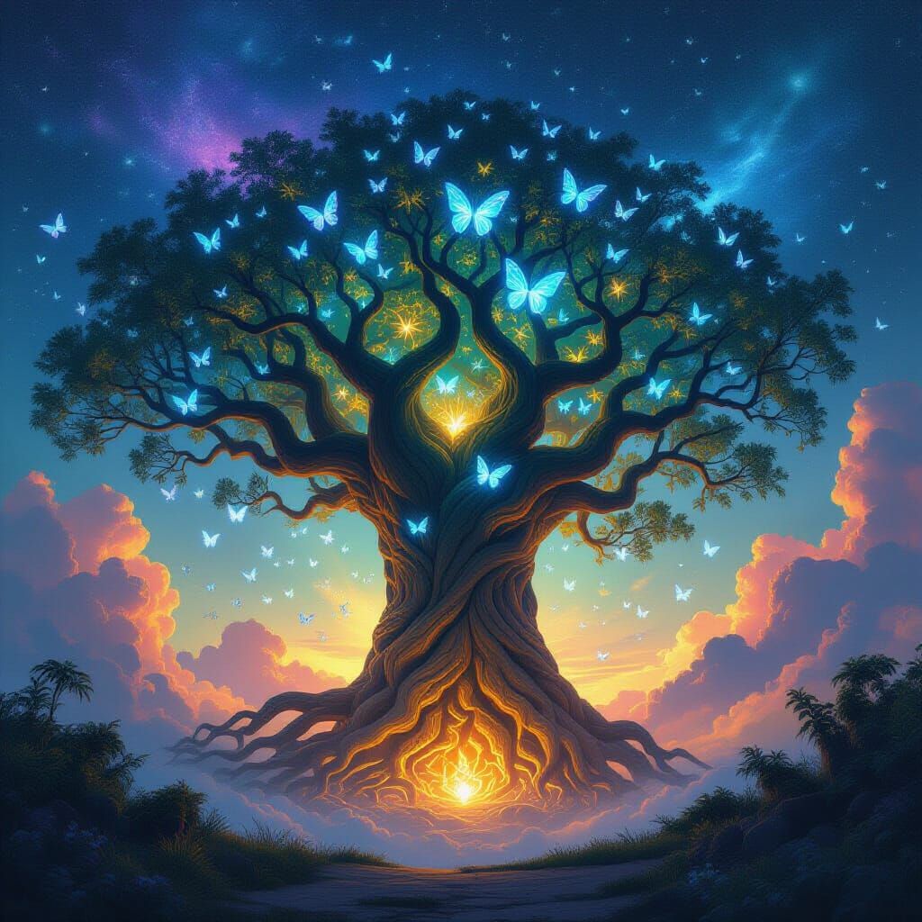 Ancient Tree and Crystal Butterflies 