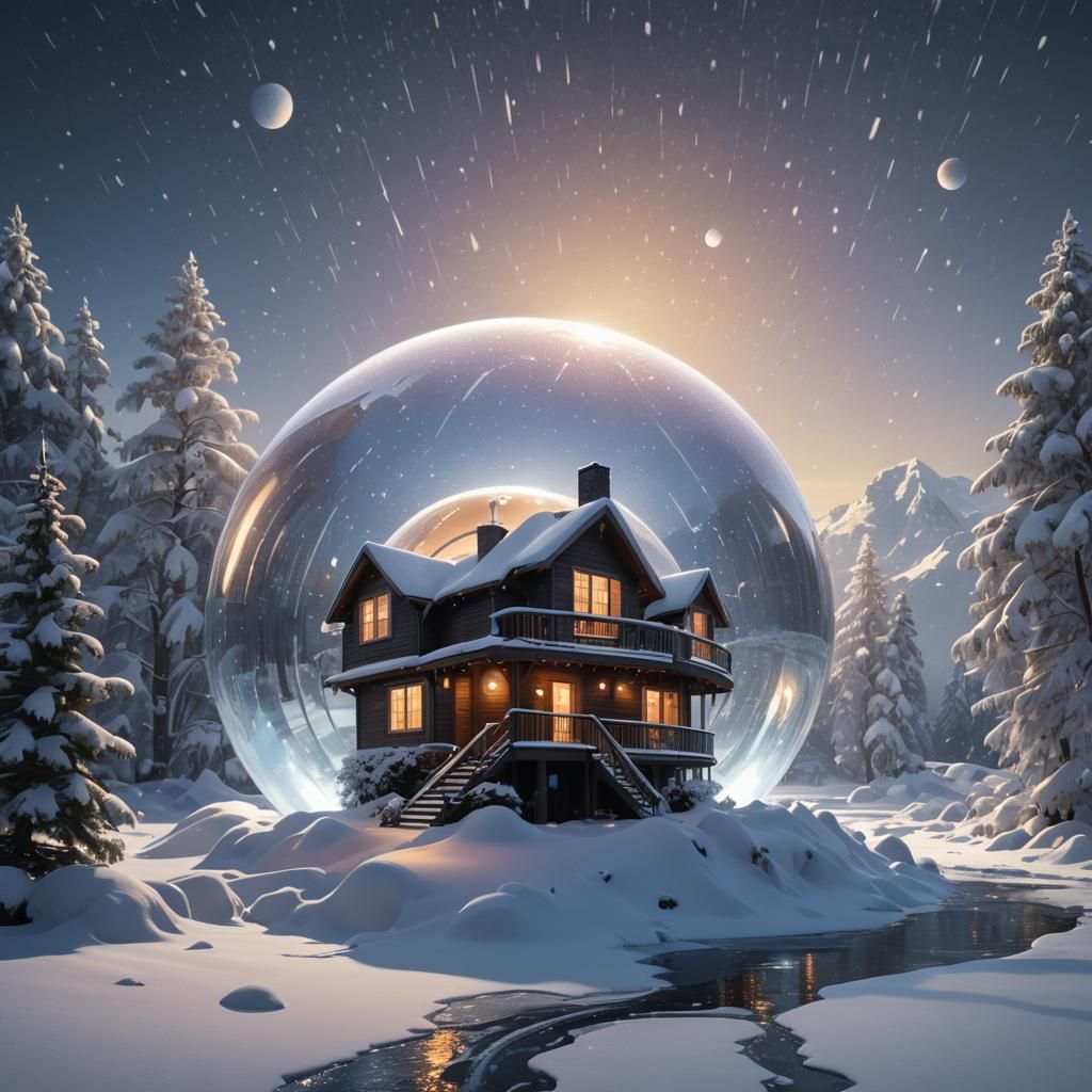 House in Water Sphere with Blinding Light