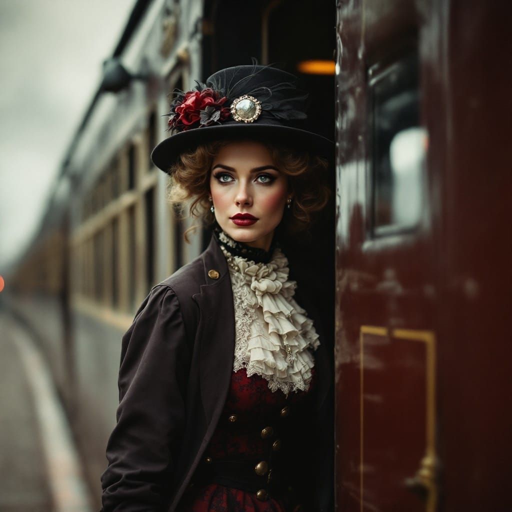 stunning victorian woman stepping out of a train in england  by @fdotleonora