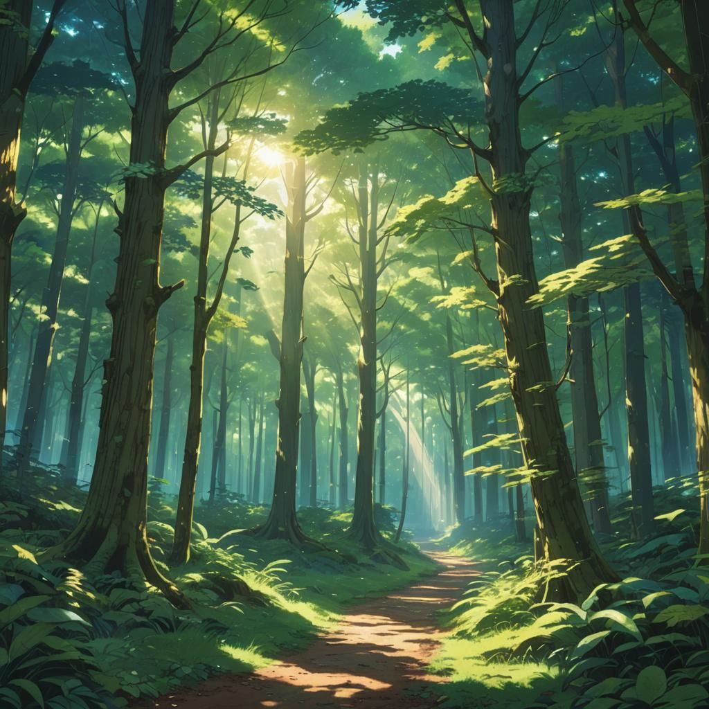 Serene Anime Forest Concept Art in Ghibli Style