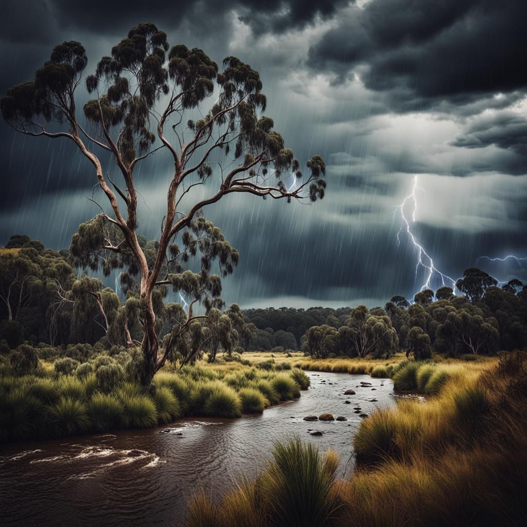Dramatic landscape of the valley of the Yarra river Australia showcasing the power of nature, with dark ...  by @Tenar