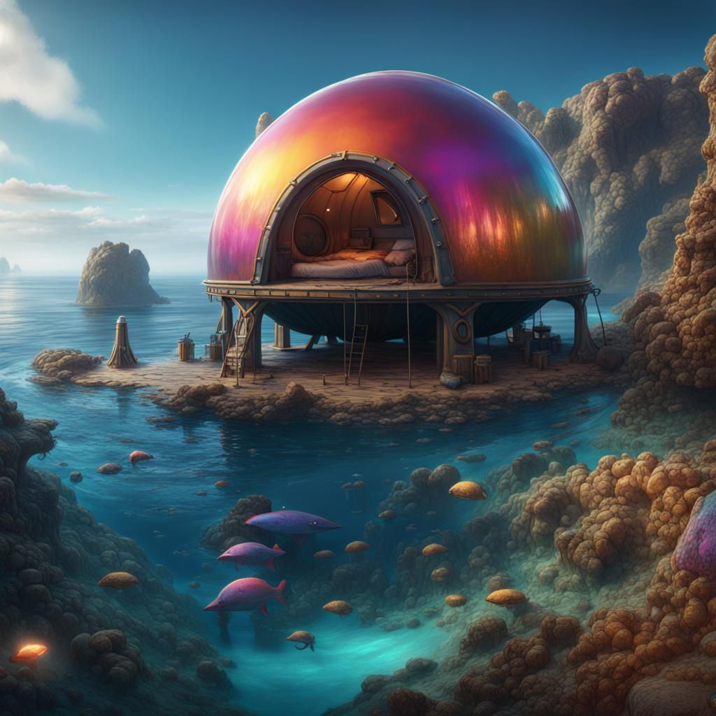 Colourful deep ocean with a watertight dome over a conventio...
