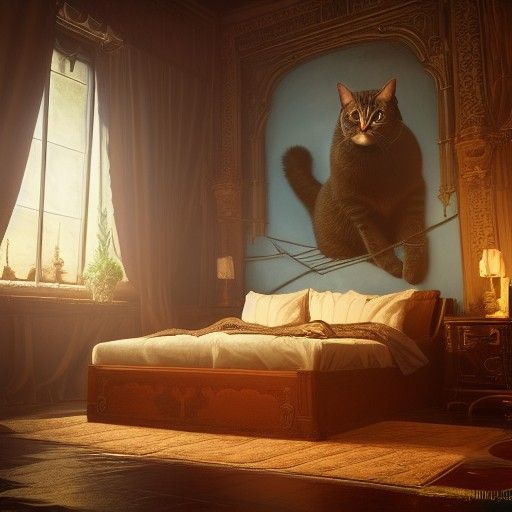 A cat laying on a bed in a bedroom