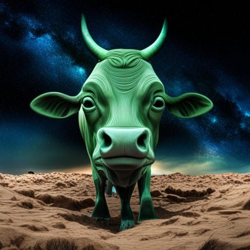 green cow with single Horns and damaged space ship