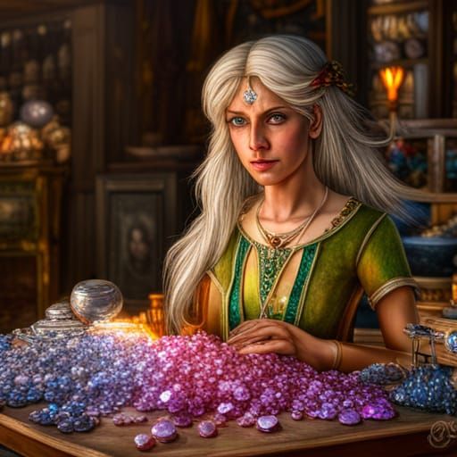 A beautiful elf selling many brightly sparkling, multifacete...