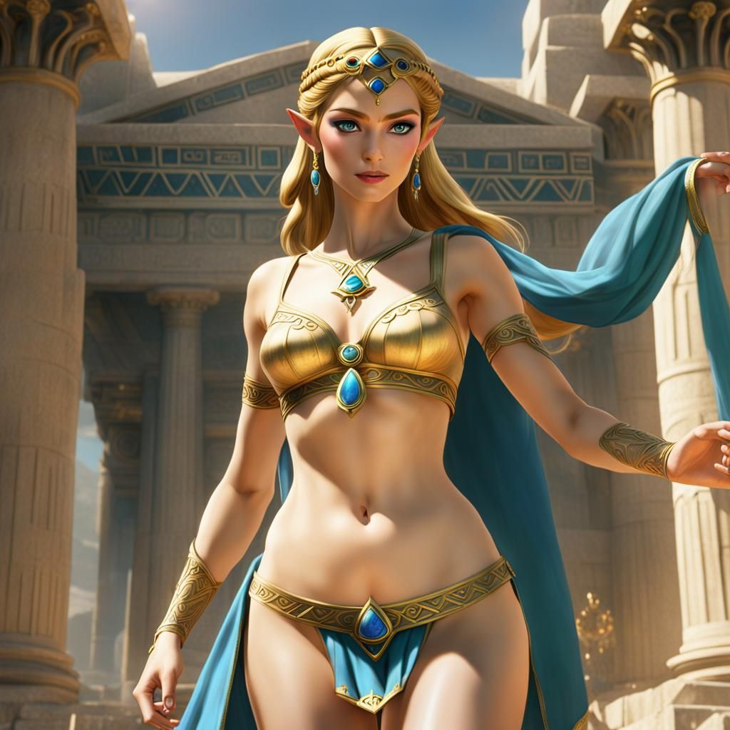 Princess Zelda, skimpy Greek goddess attire, bare midriff