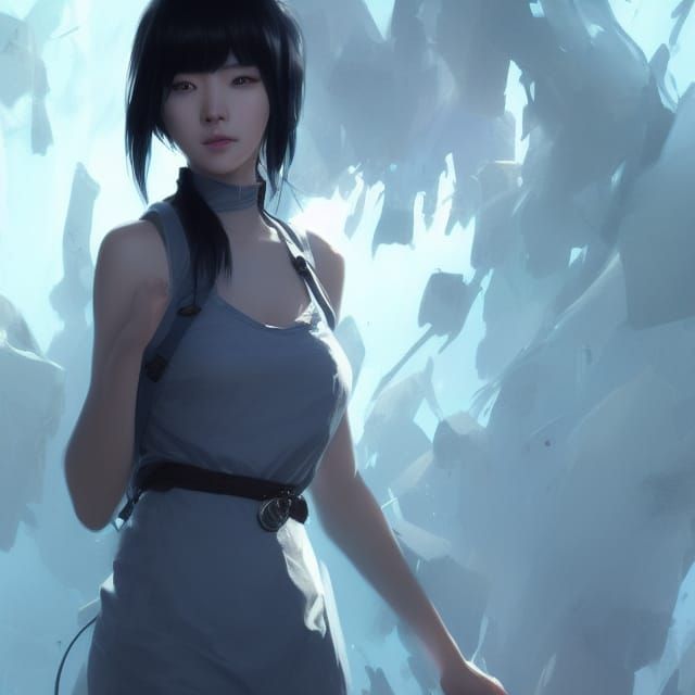 A korean fancy girl with blue eyes.short and blue black hair...
