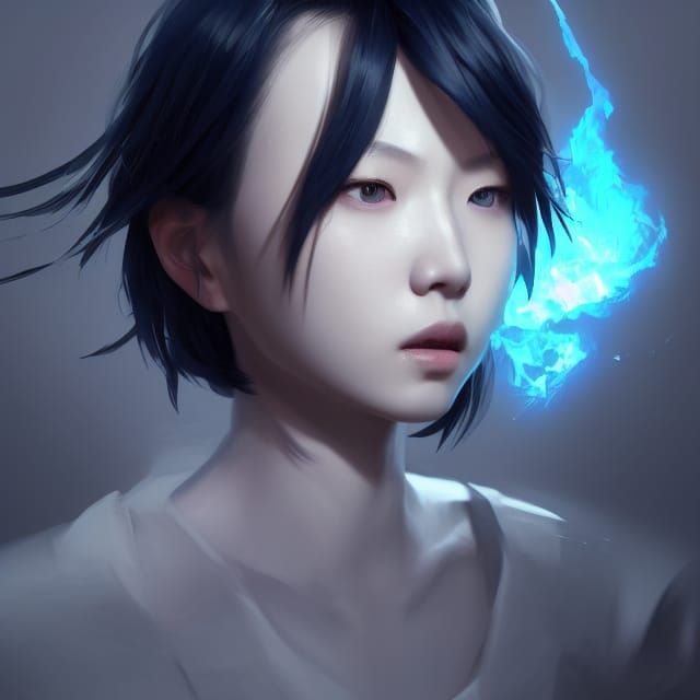 A korean fancy girl with blue eyes.short and blue black hair...