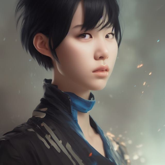 A korean fancy girl with blue eyes.short and blue black hair...