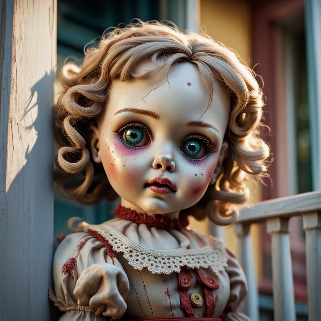 A house has a small creepy antique doll on its porch. - AI Generated ...