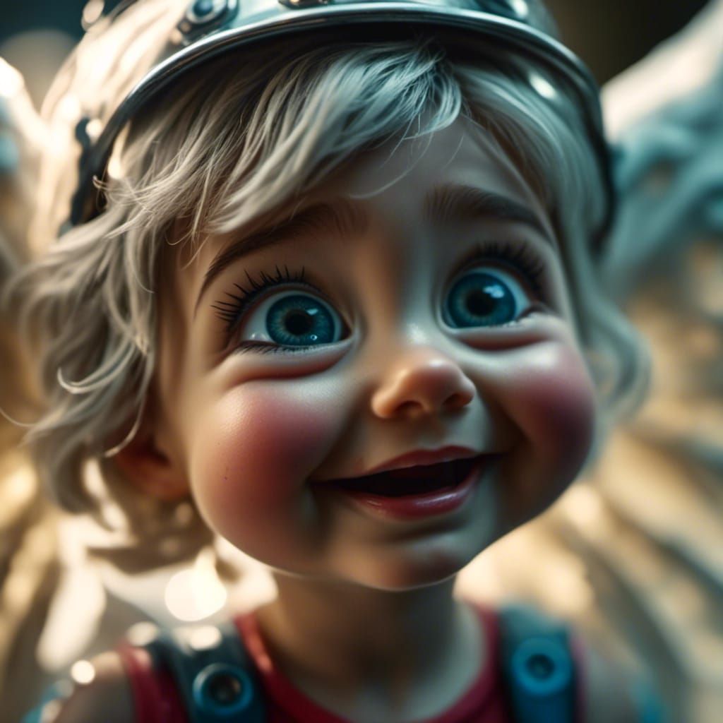 cinematic film still of a cute biker girl angel giggling, absolutely adorable with hyperdetailed eye retinas. highly detailed, shallow depth...