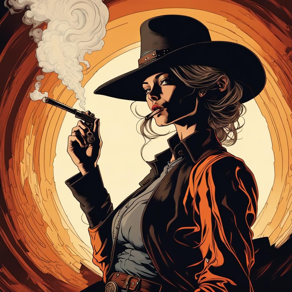 female gunslinger, smoking a cigar by moebius contrasting colors 64 ...