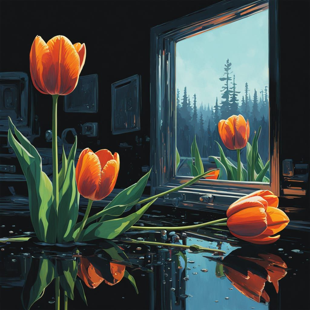 Glistening Chrome Tulips in Futuristic Glow