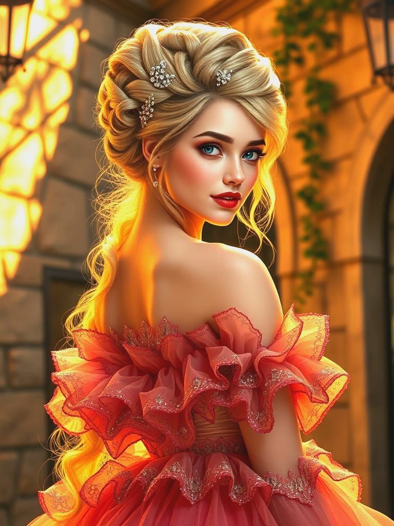 Stunning Young Woman in Elegant Gown, Set in Vibrant Old Tow...