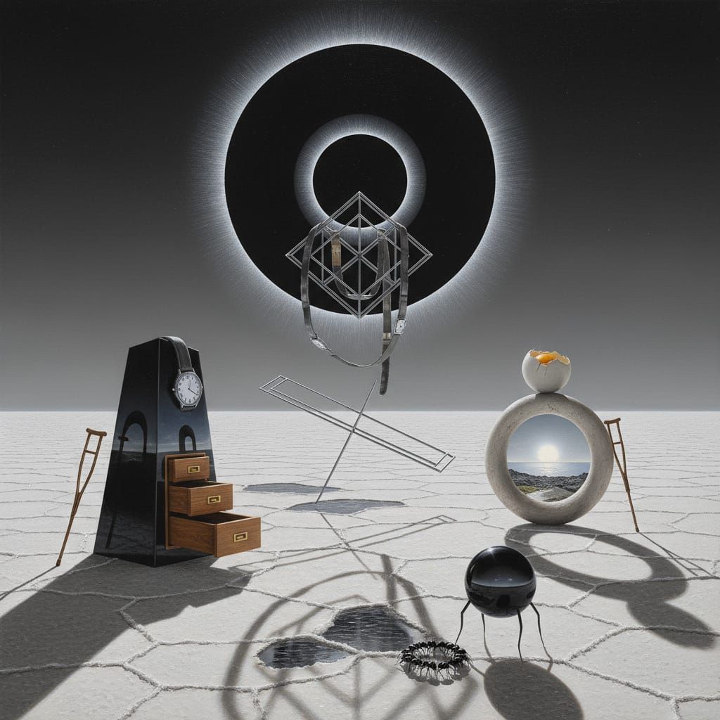 Surreal Salt Desert with Concentric Black Suns