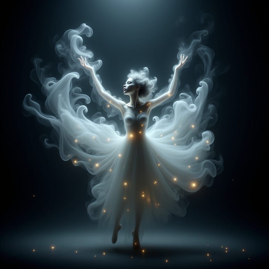 <lora:Dreamy Enchantment:1.0> A haunting, hyper-realistic depiction of a ghostly ballerina emerging from a swirling cloud of smoke. Her deli...