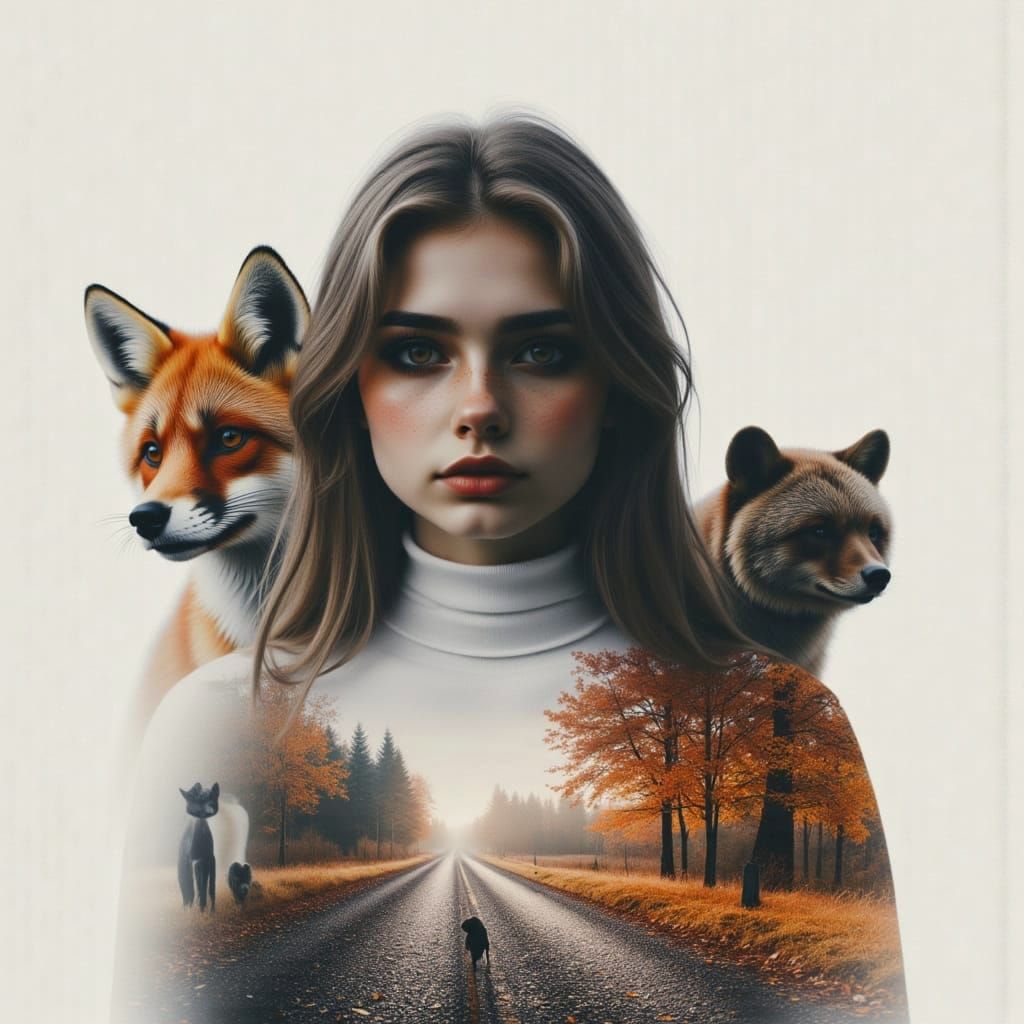 Double Exposure: Woman, Fox, and Bear in Autumn