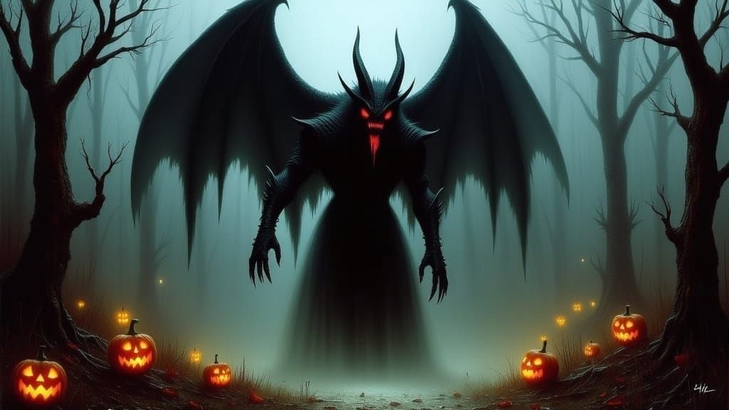  <lora:Evil Ways Flux:1.0> Horror Beast haunting a spooky Halloween night 