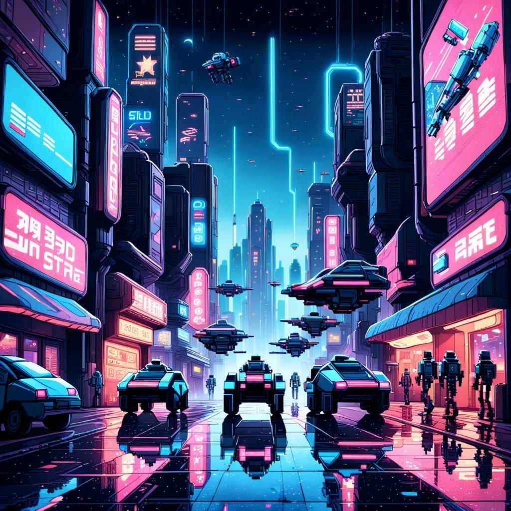 "A Futuristic Pixel Art City with Neon Lights, Flying Cars, ...