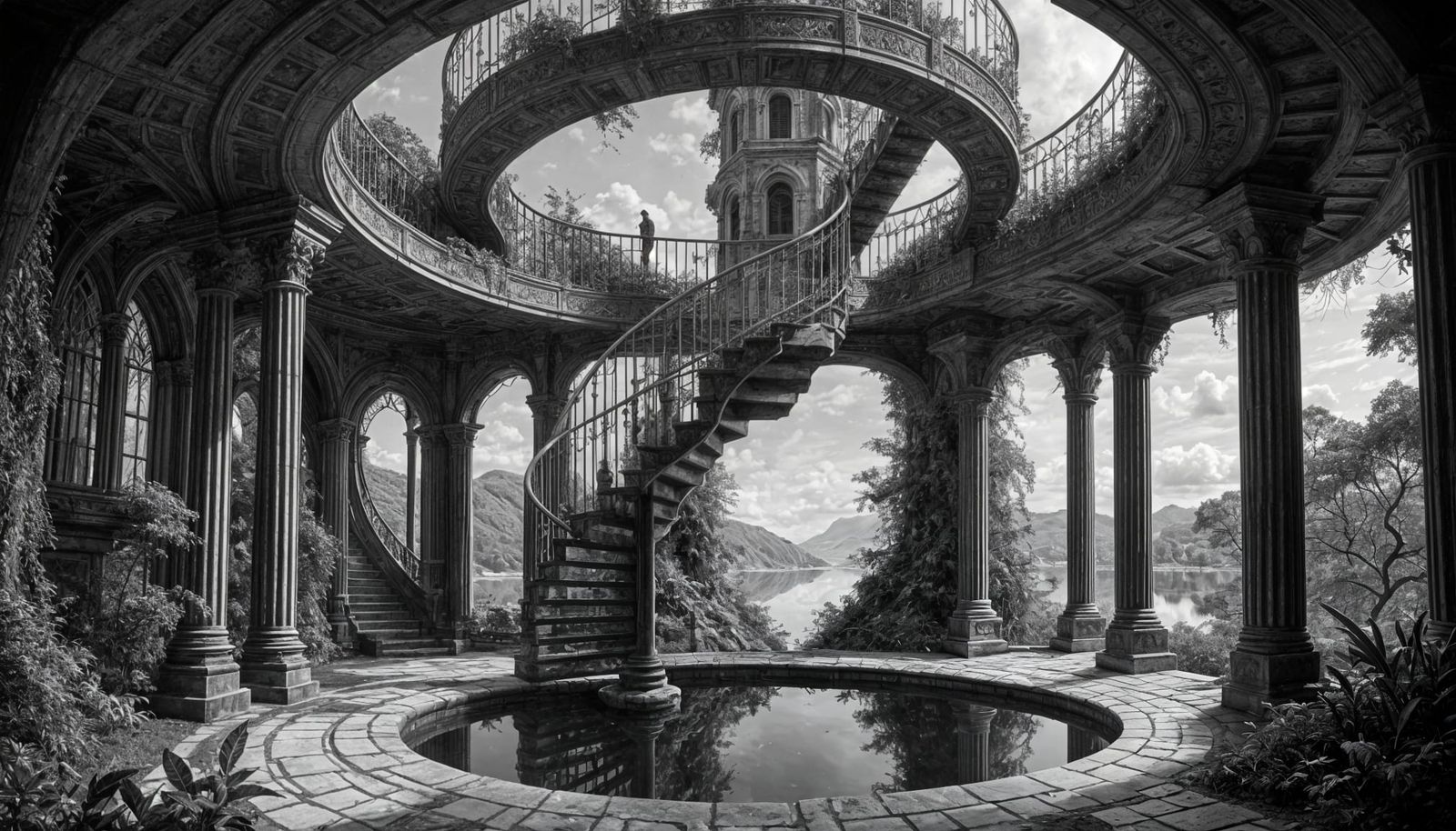 landscape in Escher style. A sparsely overgrown island with an old ruin. Next to a wella spiral ...  by @Peter John