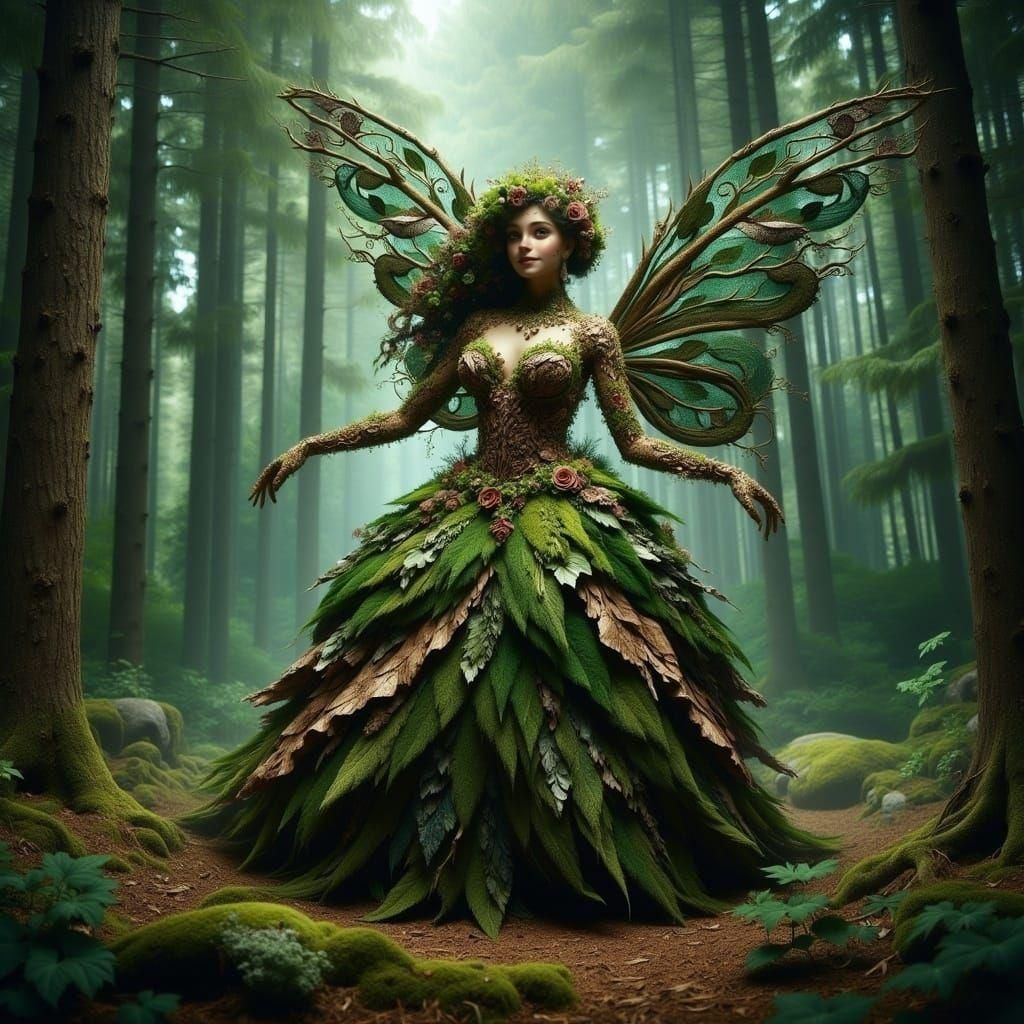 Proportionate fairy woman in ballgown made of ivy <lora:Terra Flux:1.0> beautiful forest 