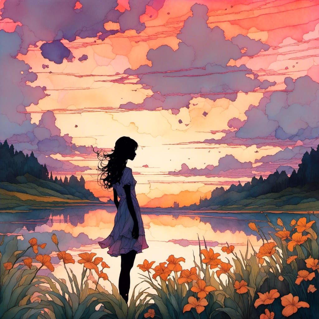 <lora:Inkwell:1.0> Silhouette double exposure golden hour summer sunset portrait