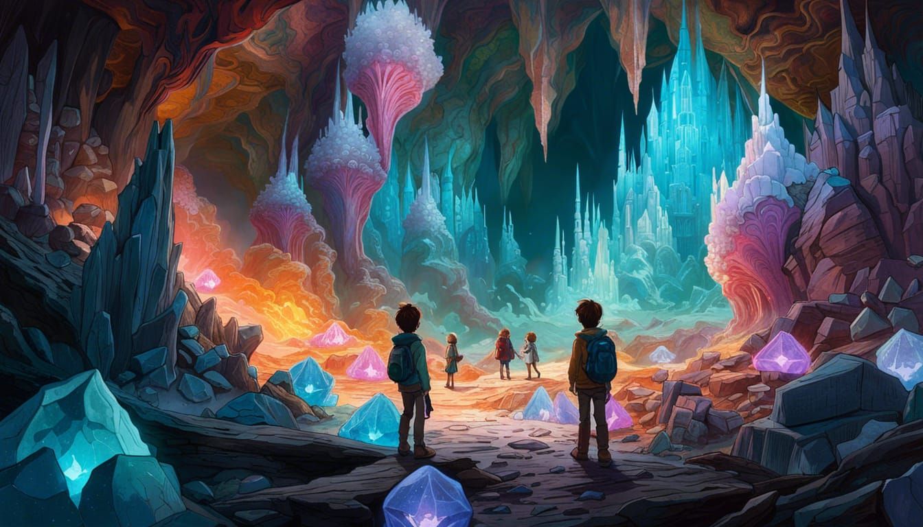 Two childhood explorers visit luminous cavern, sparkling geodes and giant crystal formations. A breathtaking ...  by @Jokavld