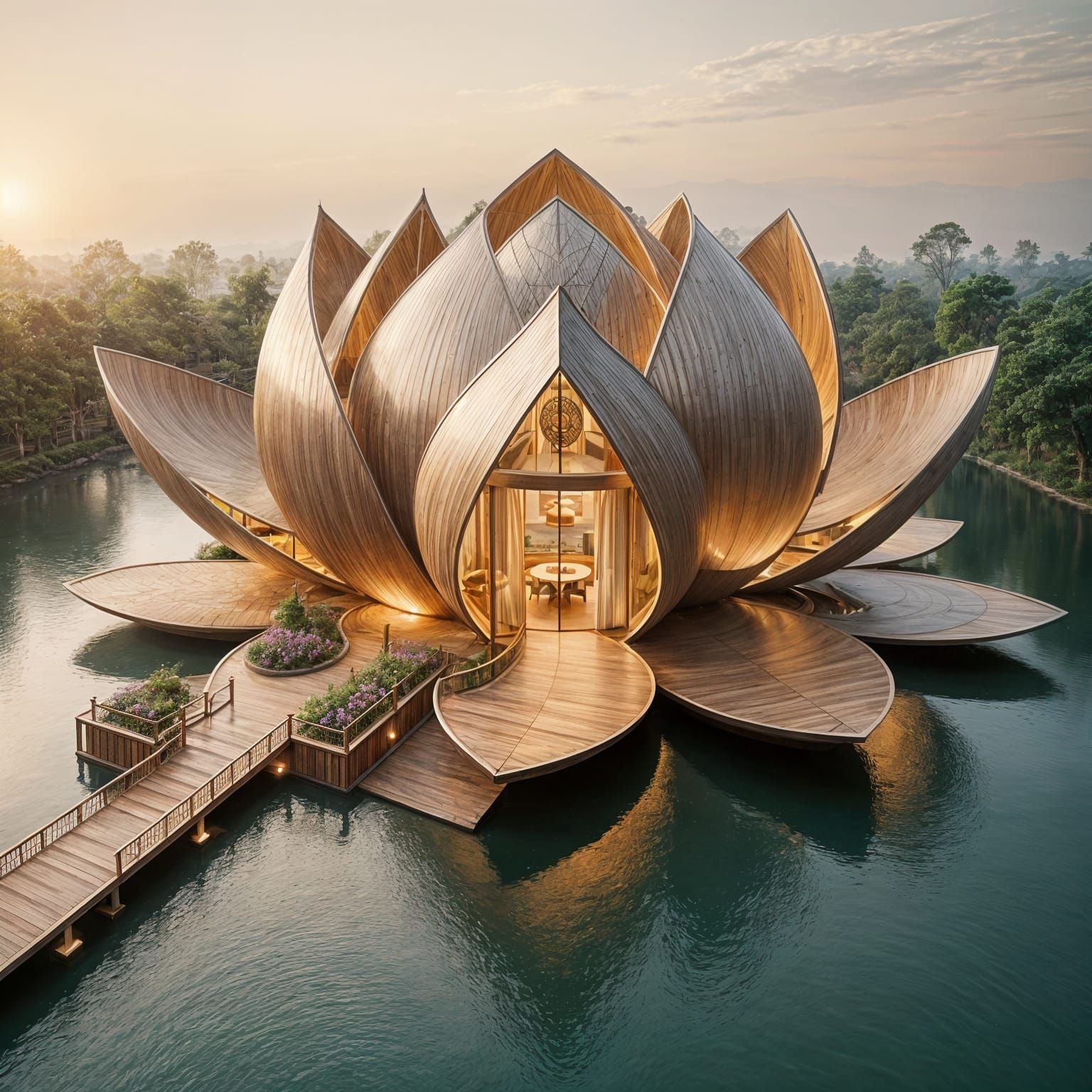 A radiant house shaped like a lotus.
Petals envelop elegant curved wooden architecture.
Glistening pond ...  by @KomBib