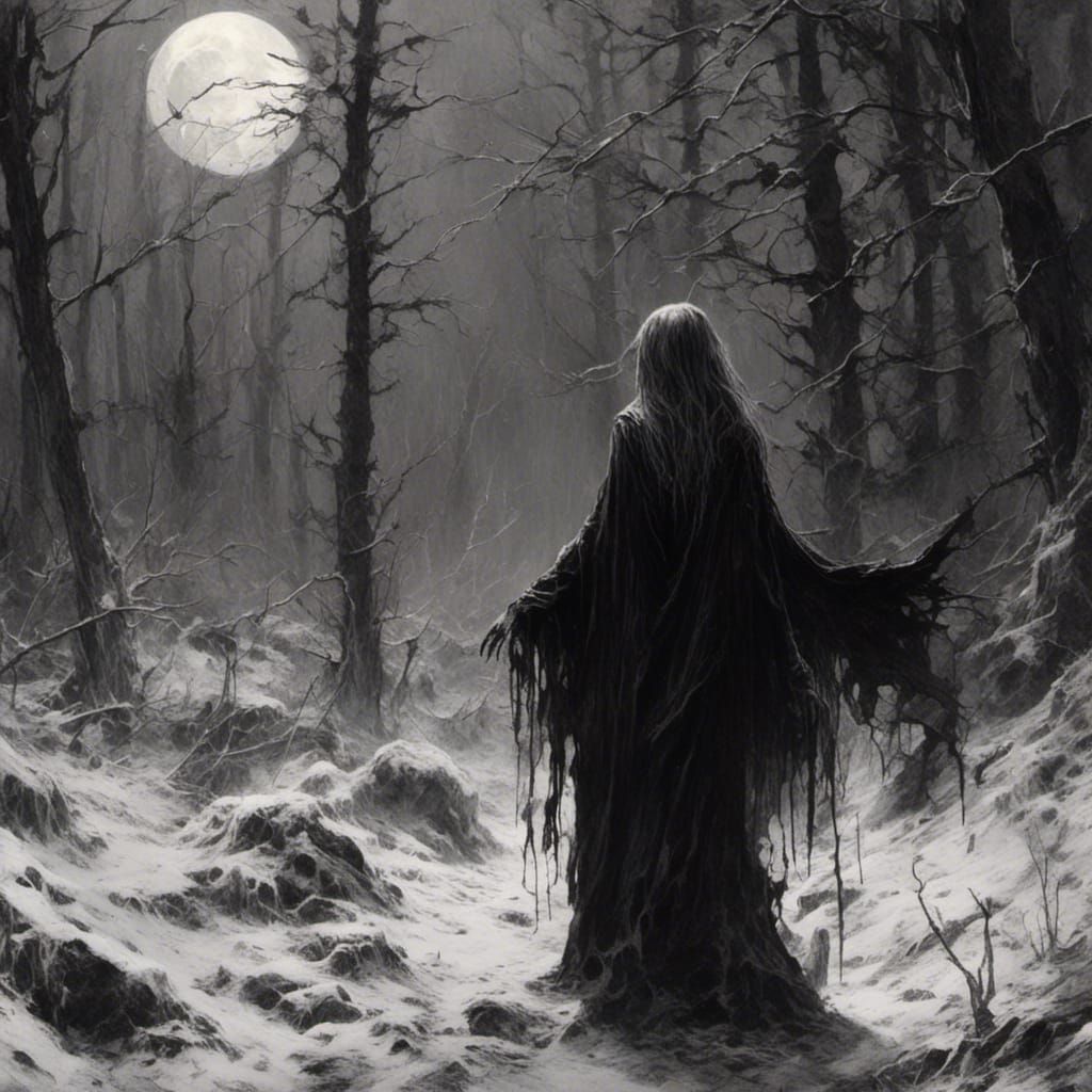 black metal woman forest winter moon extended arm cloak anime adult dress night beautiful full body b&w (Bernie Wrightson) trve face (bm alb...