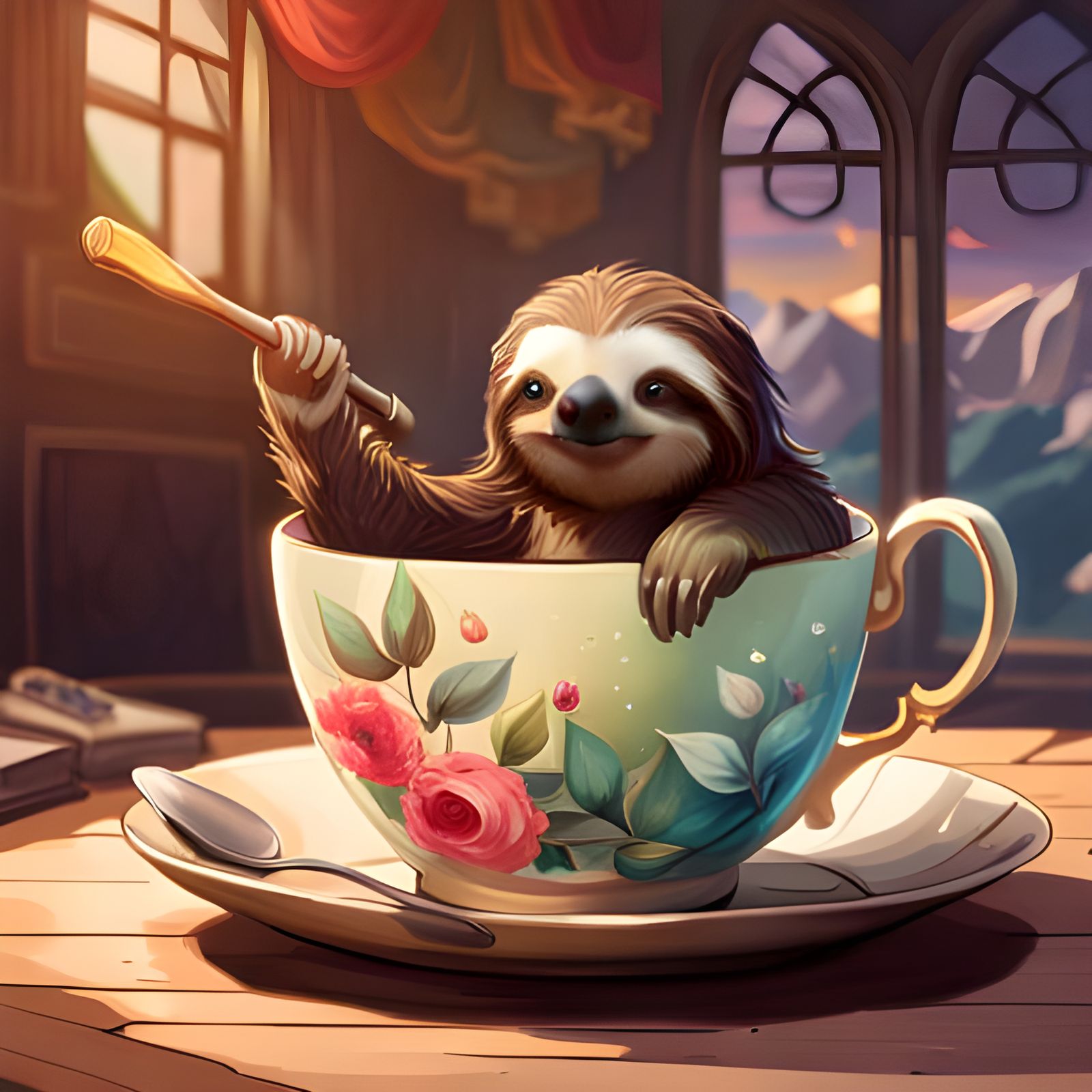 „More honey in the tea, please!“ 🦥🍯🥄  by @Zapsonite