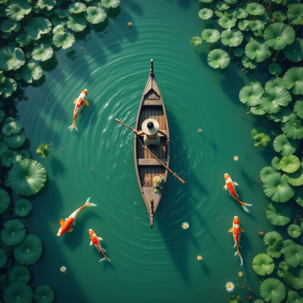 Chinese Boat on Emerald Water with Koi Fish